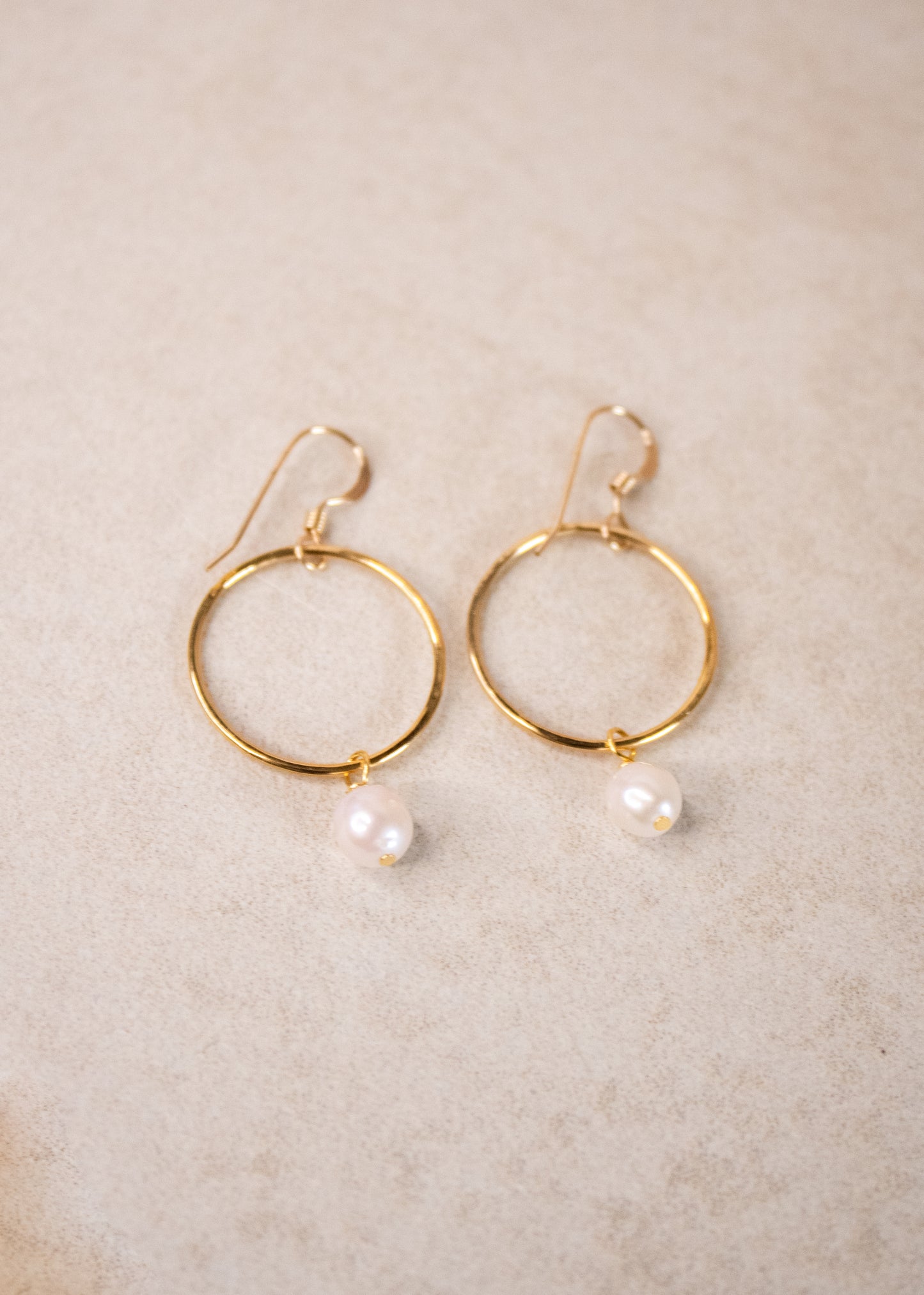 Gold Hammered Hoop With Pearl Earrings