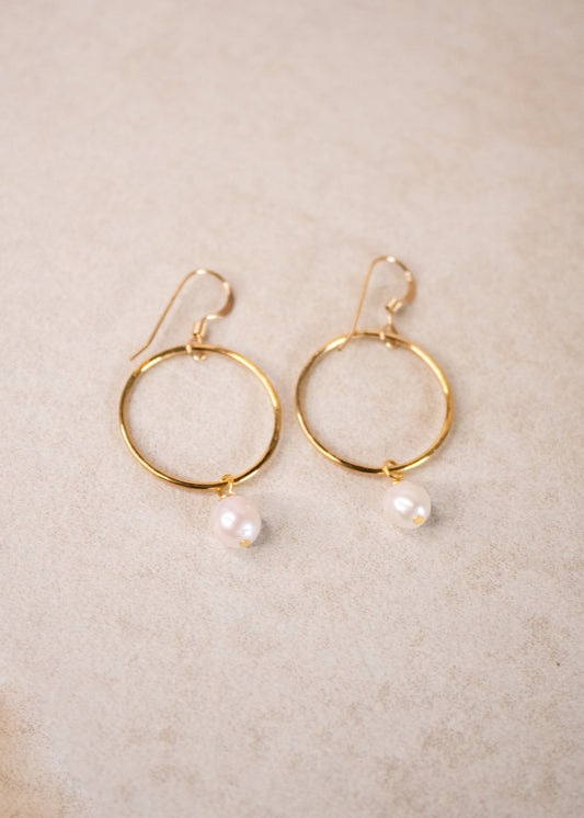 Gold Hammered Hoop With Pearl Earrings
