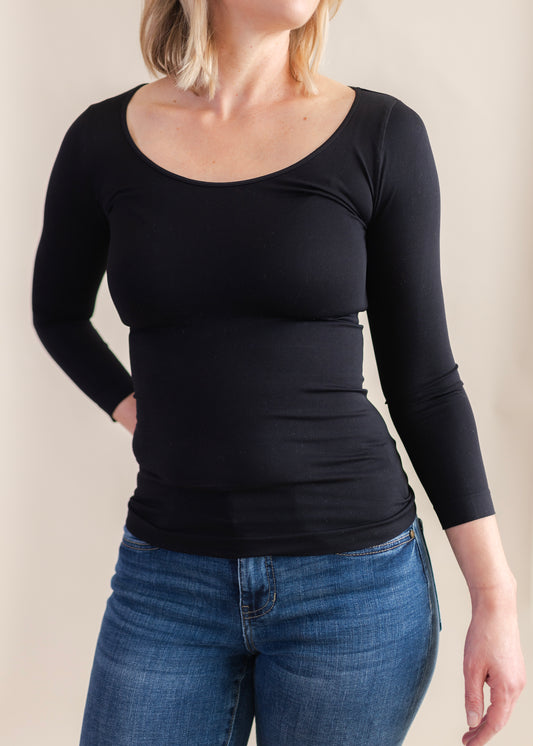 3/4 Sleeve Scoop Neck Top in Black | NikiBiki