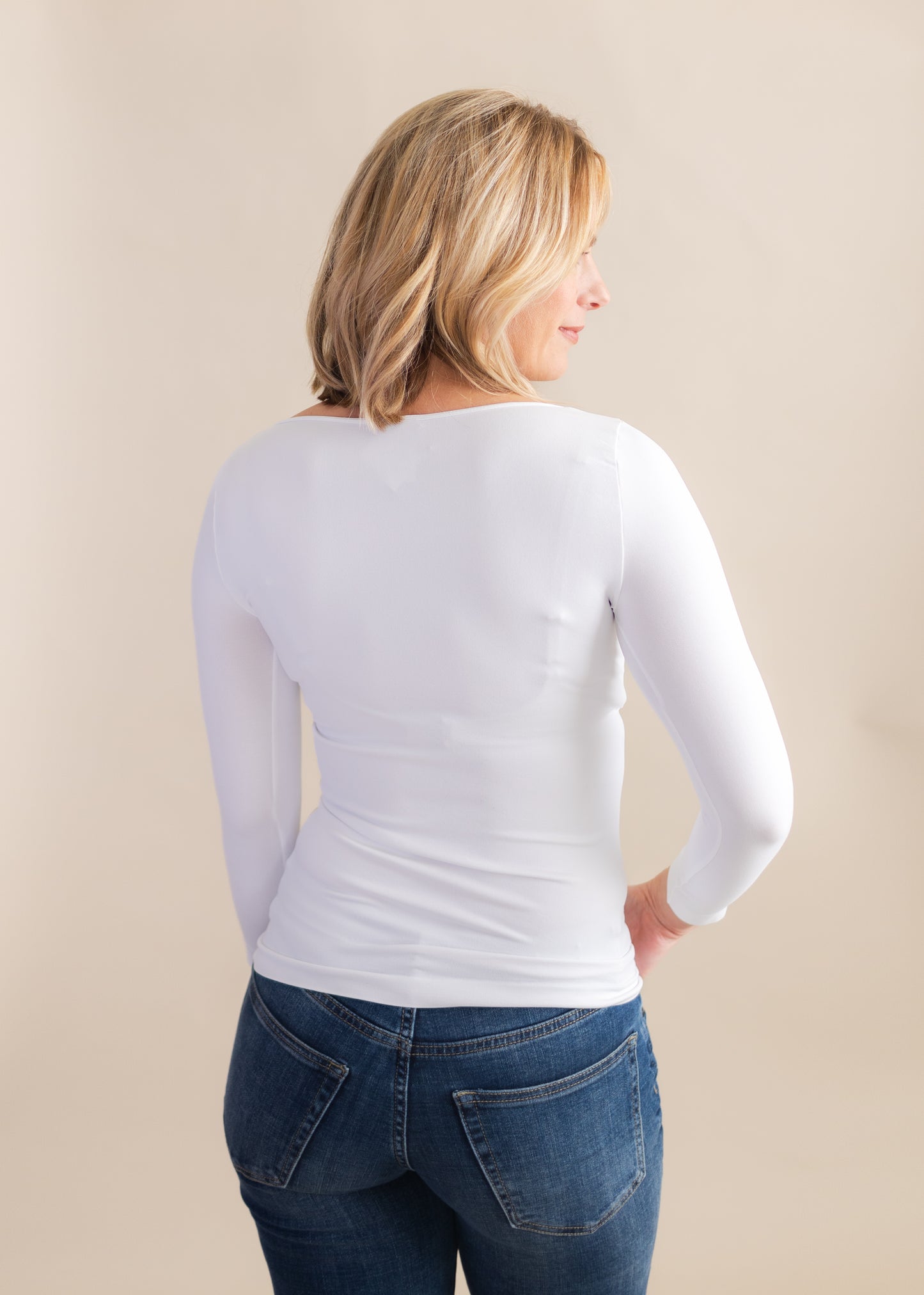 3/4 Sleeve Scoop Neck Top in White | NikiBiki