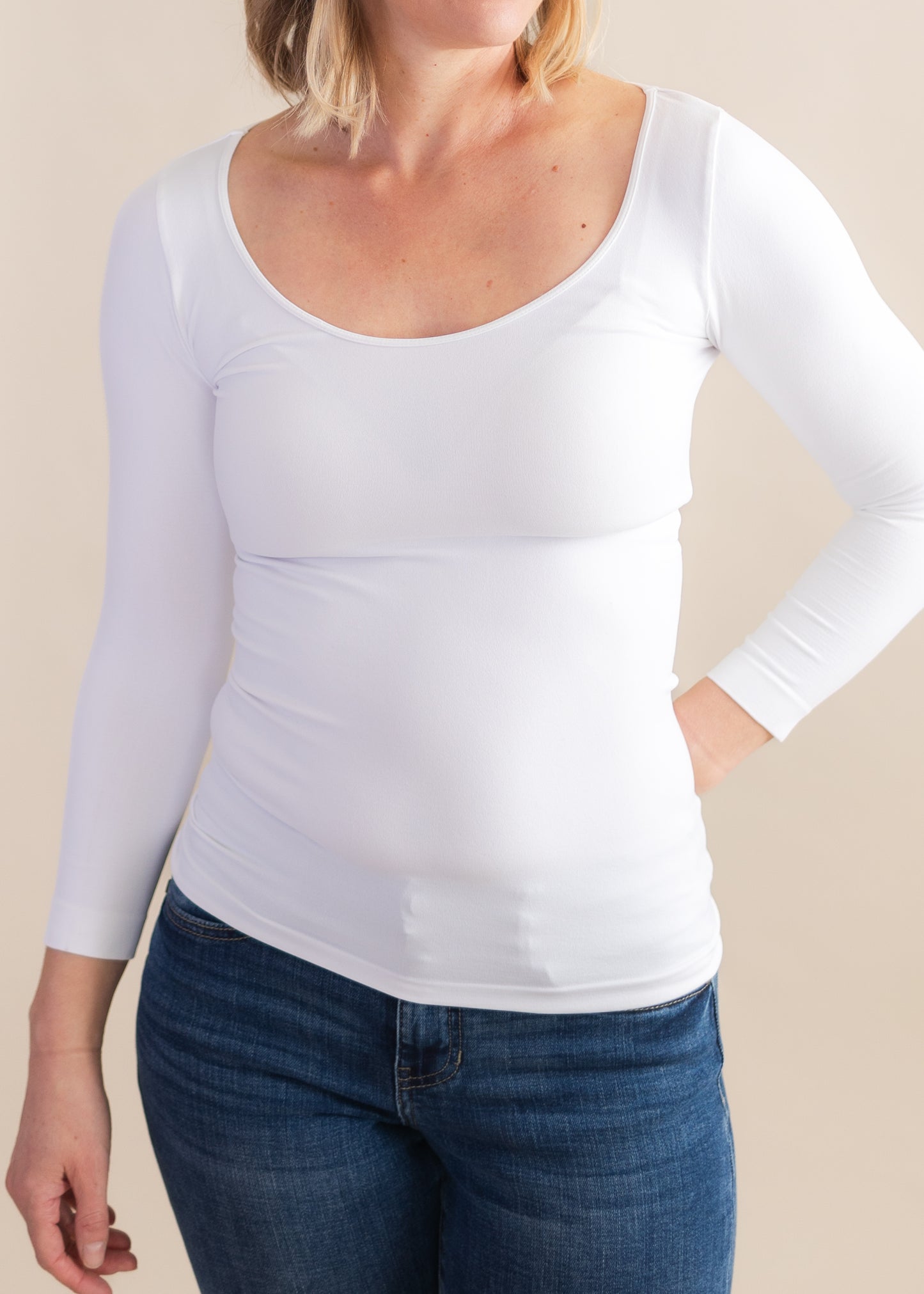 3/4 Sleeve Scoop Neck Top in White | NikiBiki