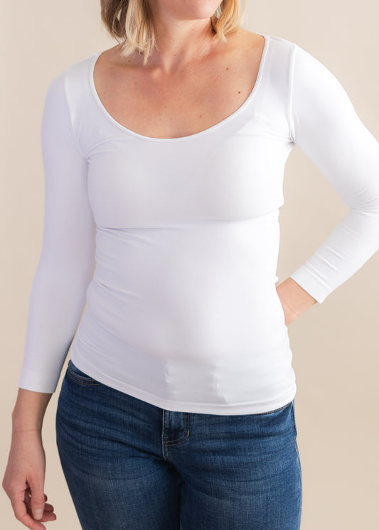 3/4 Sleeve Scoop Neck Top in White | NikiBiki