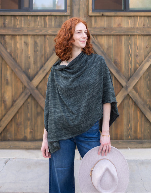 Heather Jersey Knit Poncho in Forest
