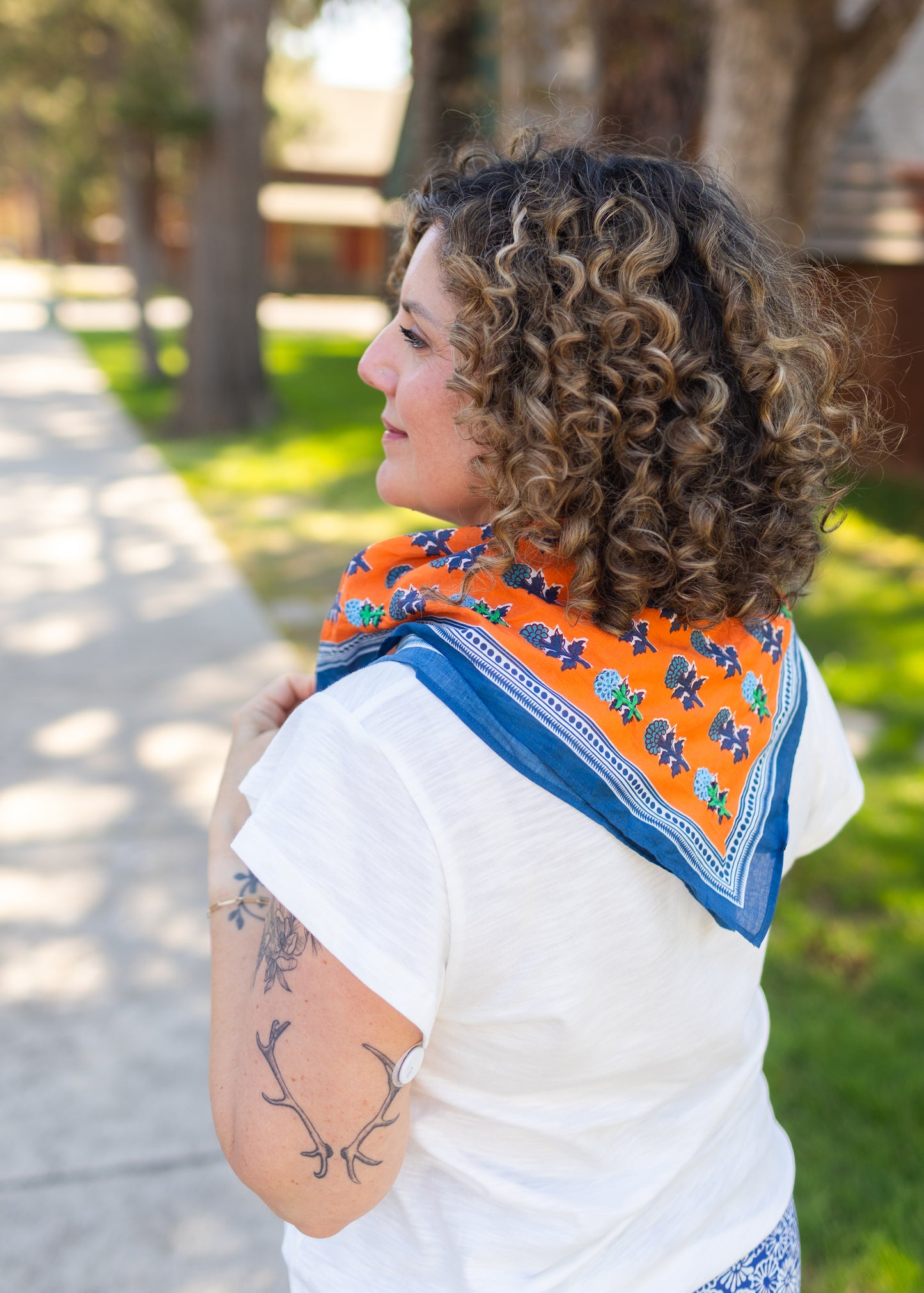 Orange & Navy Printed Square Scarf with Embroidery