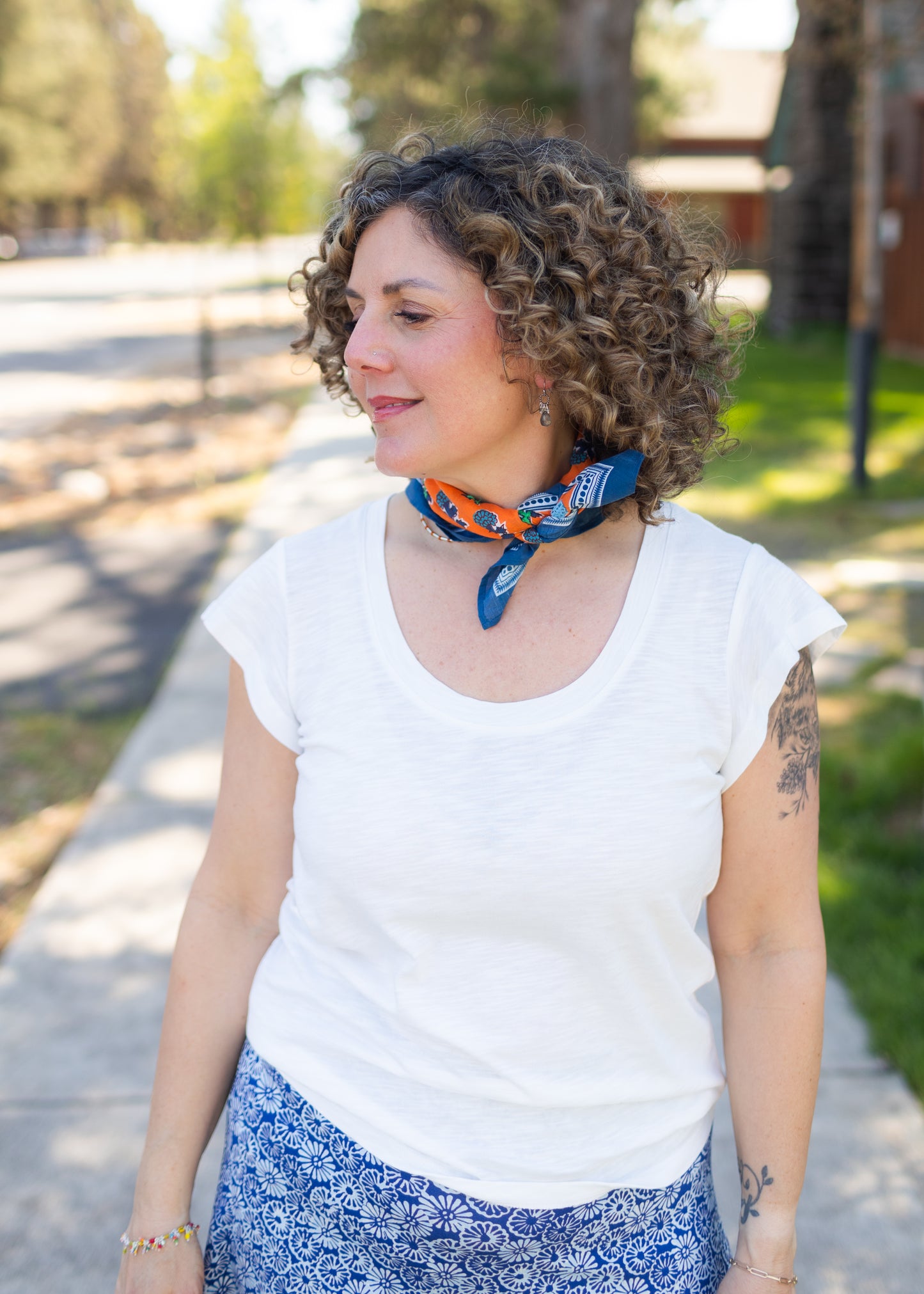 Orange & Navy Printed Square Scarf with Embroidery