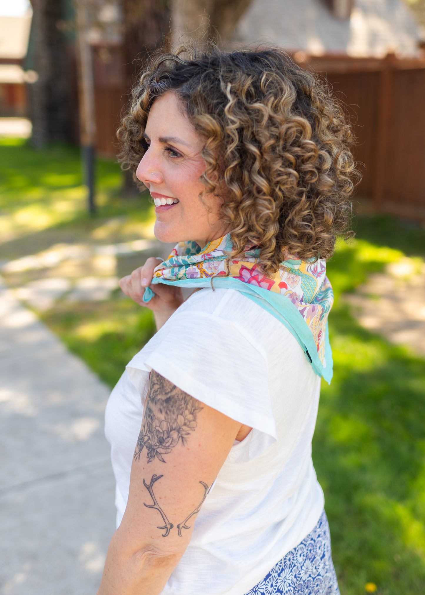 Aqua Birds Printed Square Scarf with Embroidery