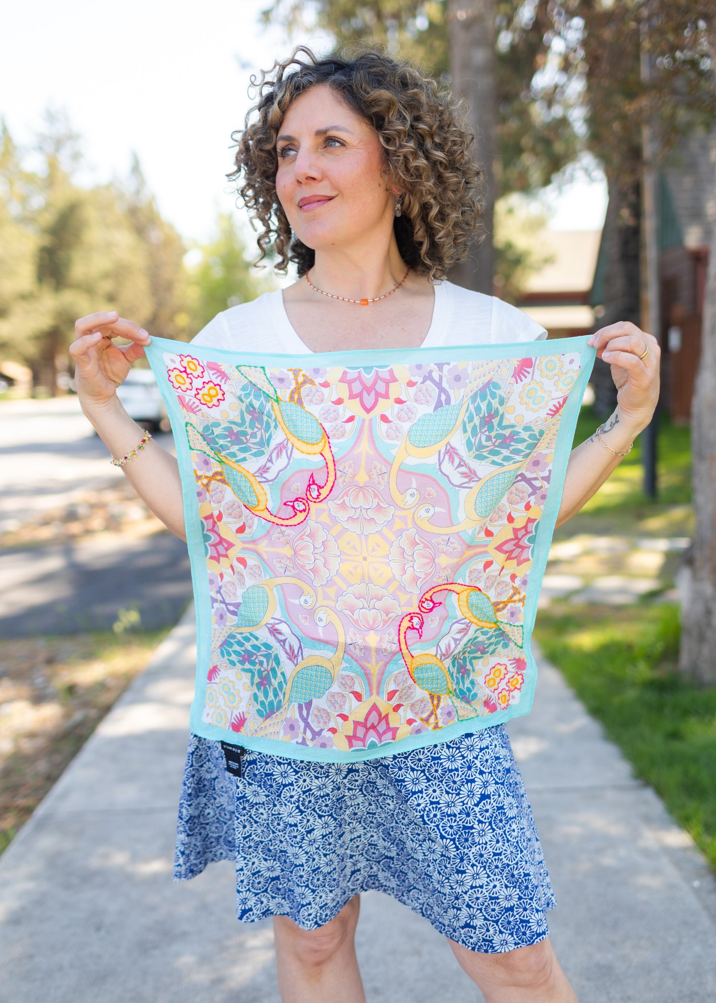Aqua Birds Printed Square Scarf with Embroidery