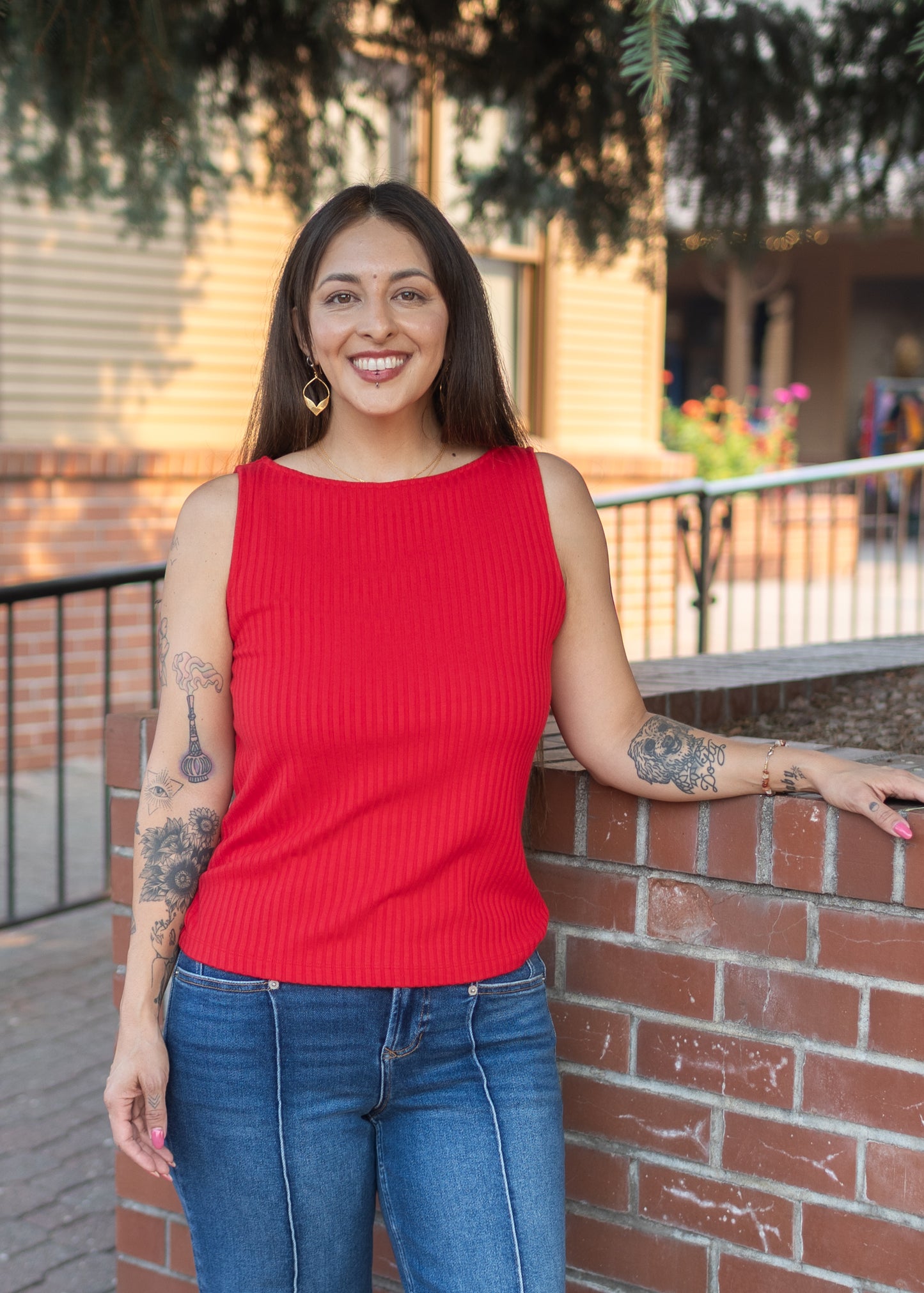 Sleeveless Boat Neck Rib Knit Top in Tango | Liverpool