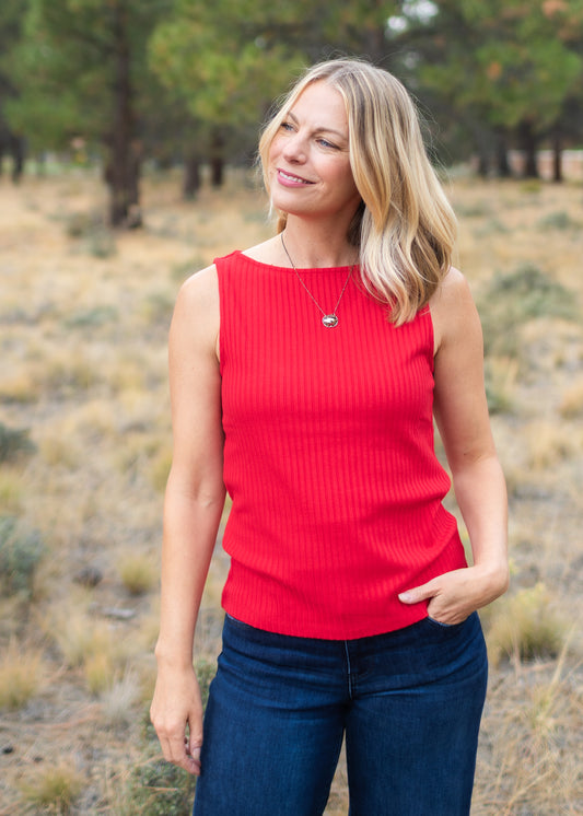 Sleeveless Boat Neck Rib Knit Top in Tango | Liverpool