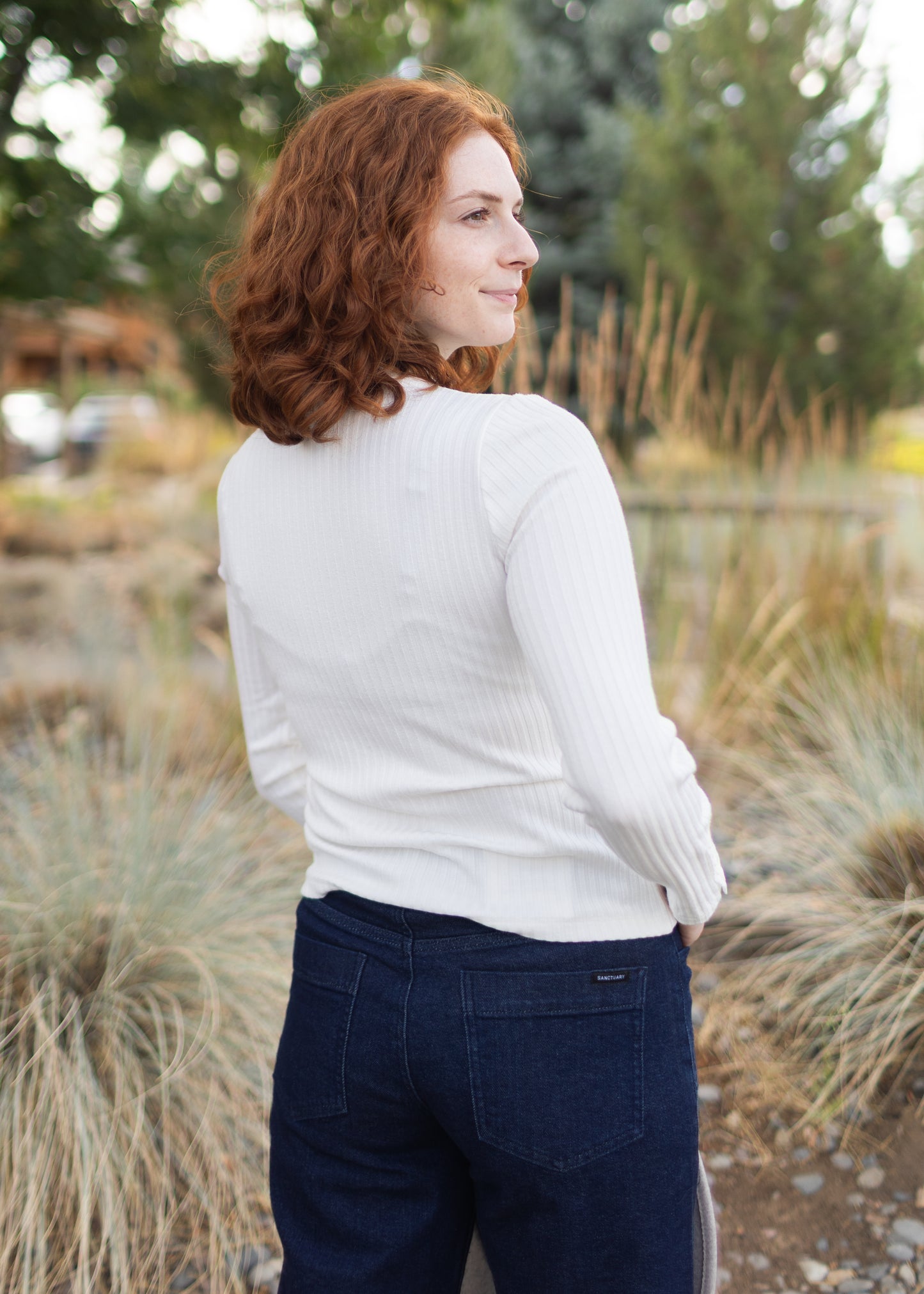 Long Sleeve Mock Rib Top in Snow | Liverpool