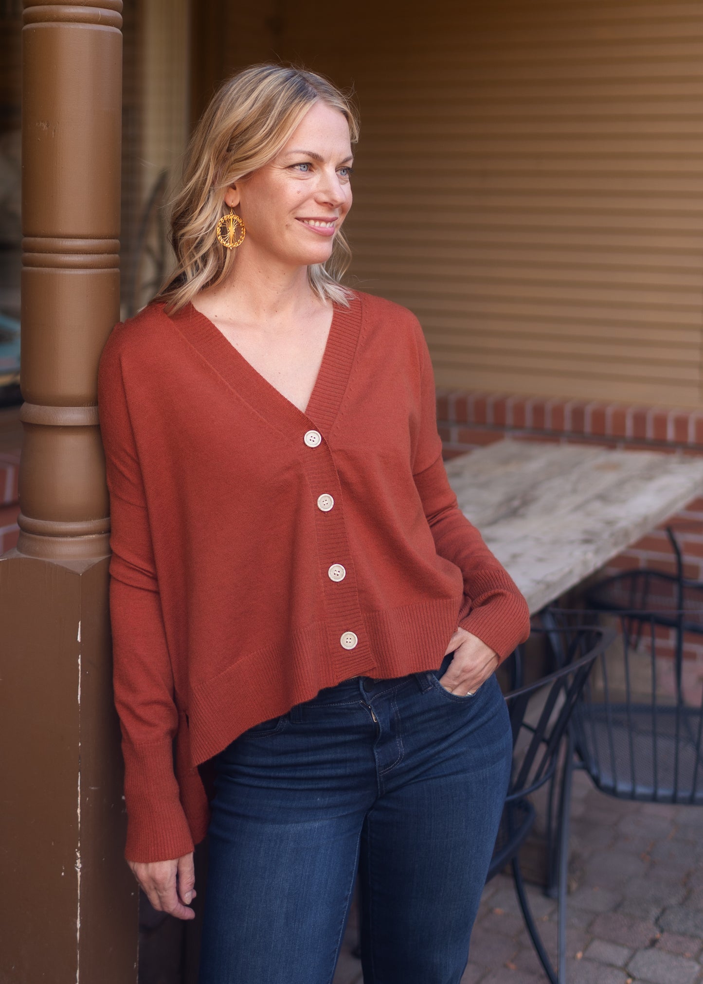 Wagner V-Neck Cardigan in Burnt Sienna | Kerisma