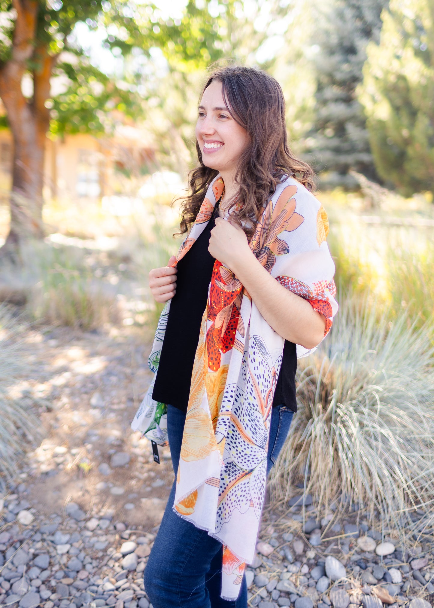Tropical Botanical Long Scarf in Yellow
