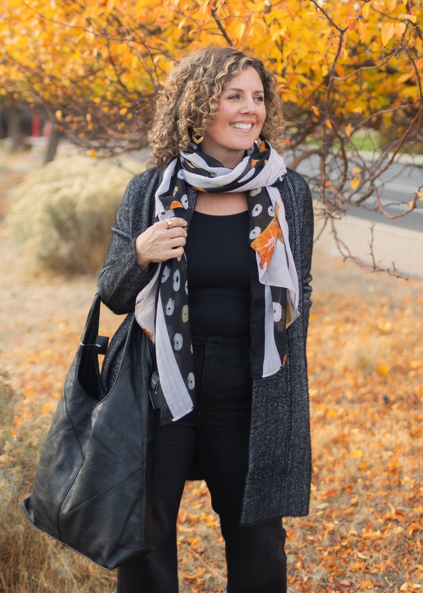 Polka Dot Floral Scarf in Black