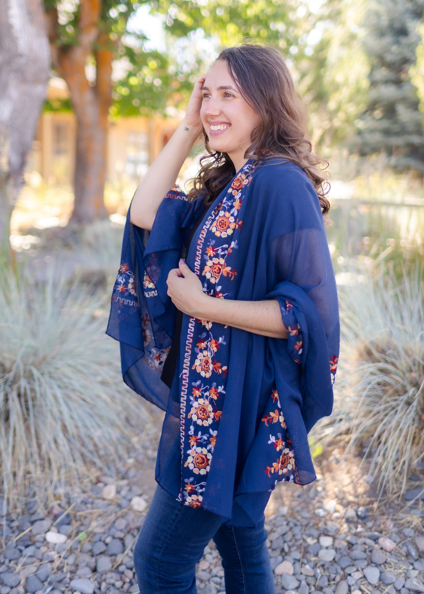 Embroidered Floral Long Scarf in Navy
