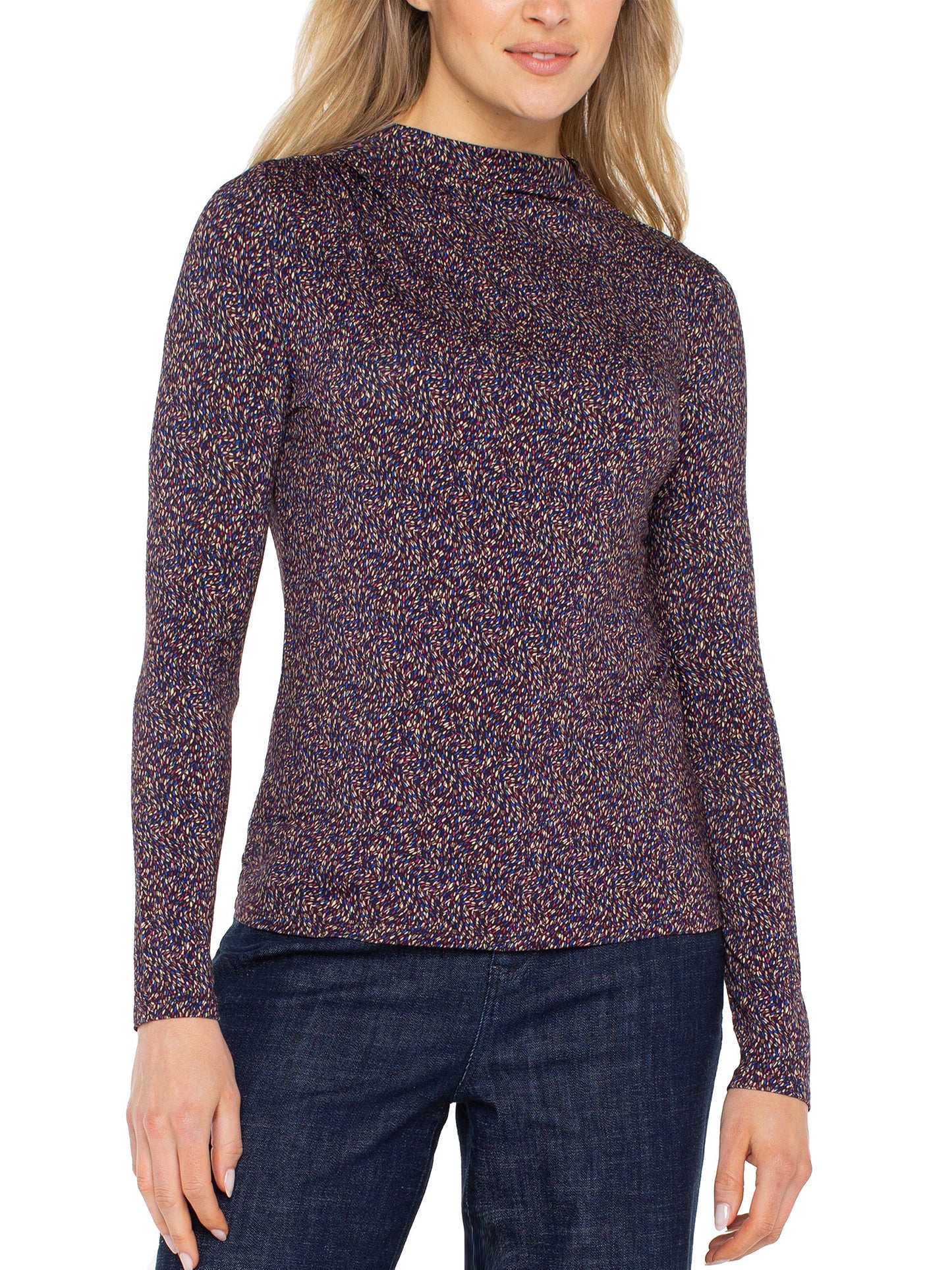 Long Sleeve Shirred Mock Neck in Wine | Liverpool