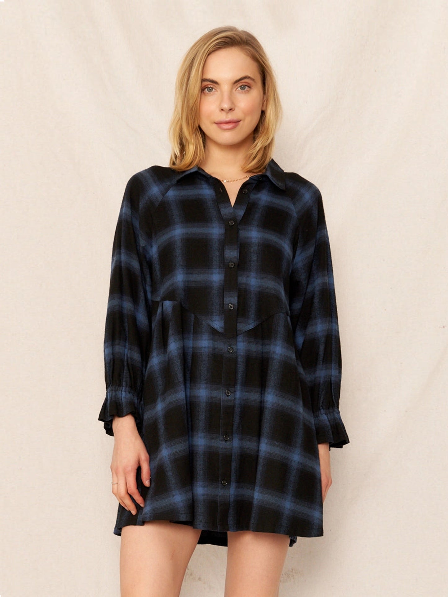 Plaid Button Dress in Navy