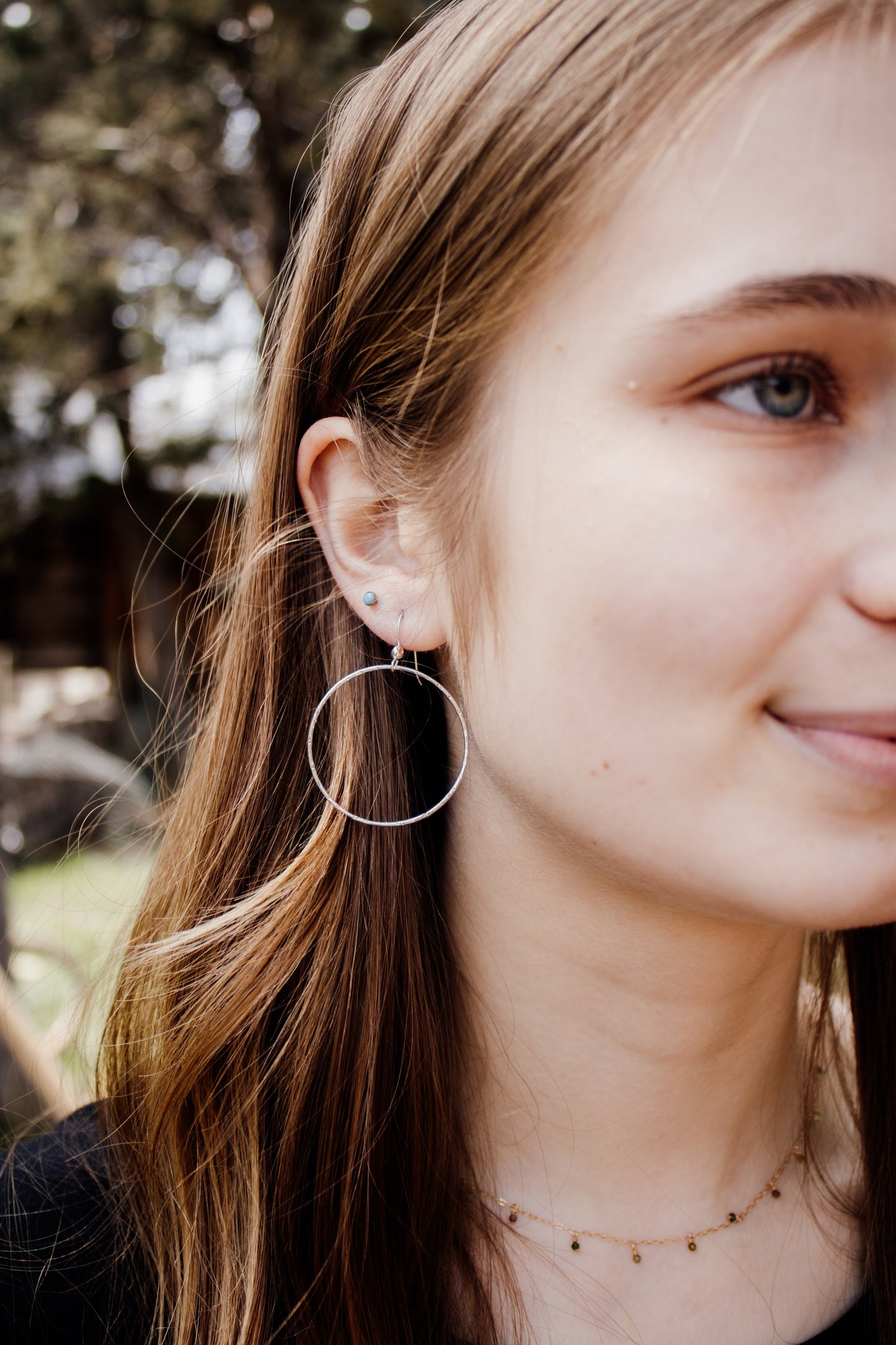 Silver Hammered Round Hoop Earrings
