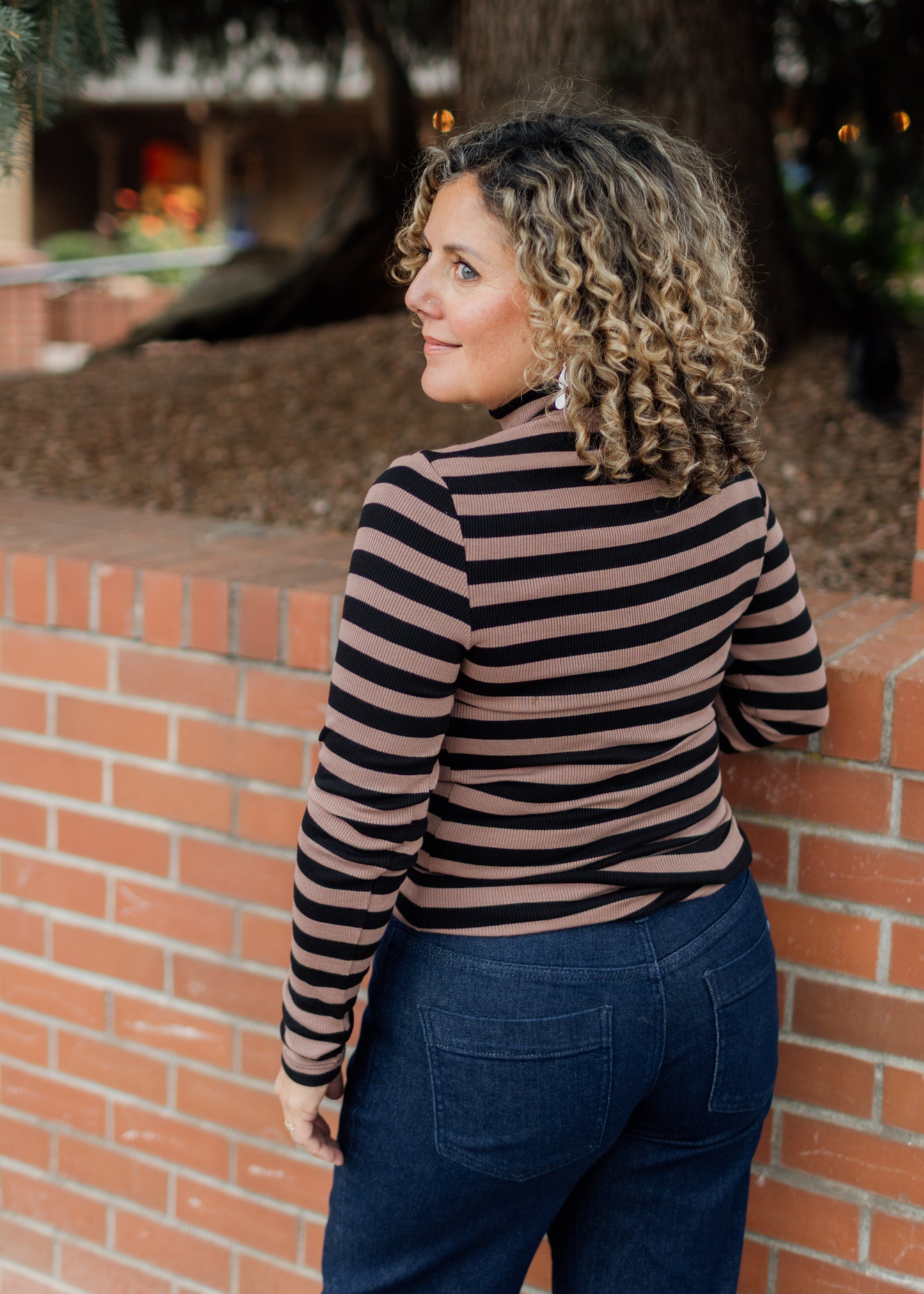 Long Sleeve Mock Neck in Mocha Stripe | Sanctuary