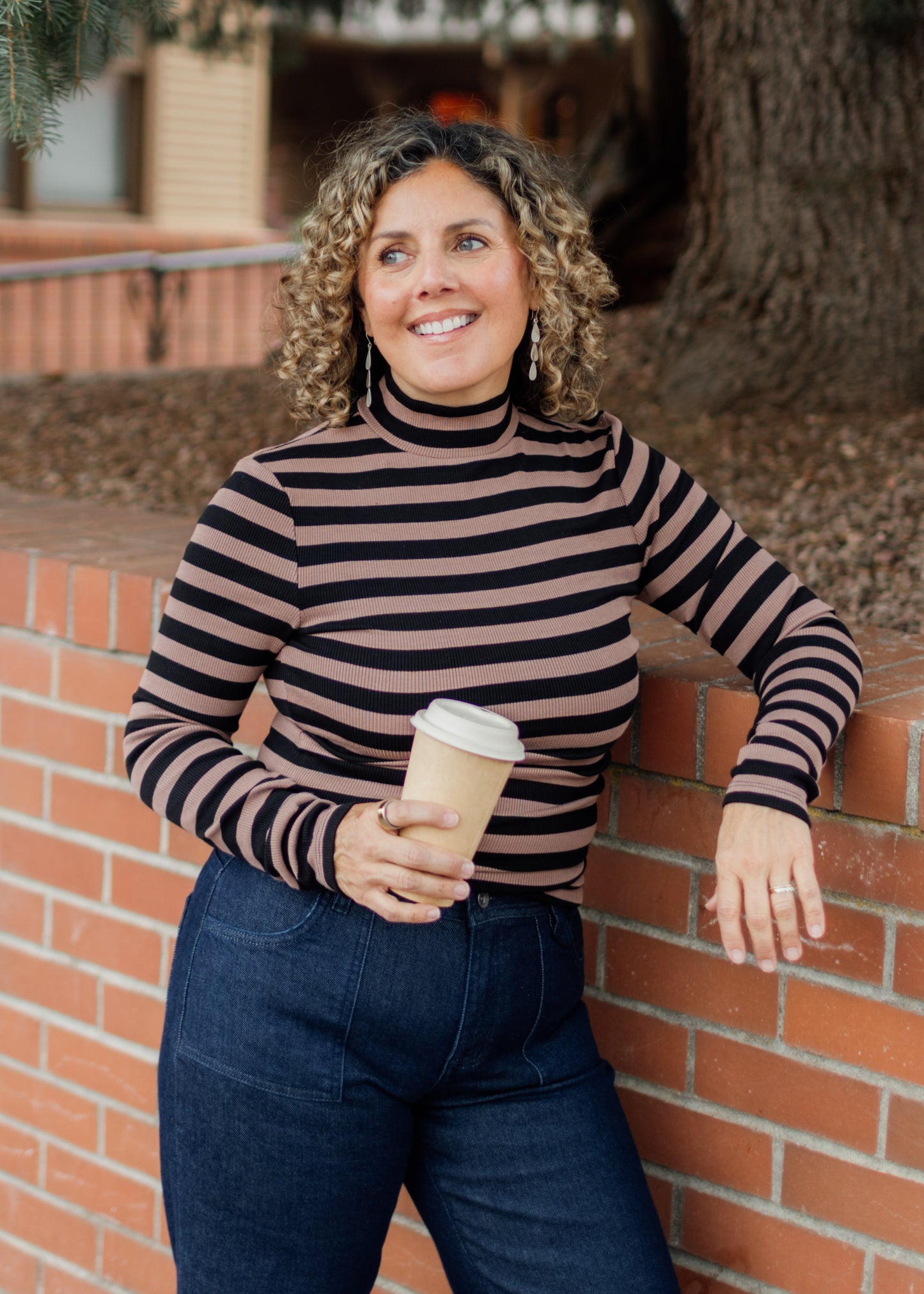 Long Sleeve Mock Neck in Mocha Stripe | Sanctuary