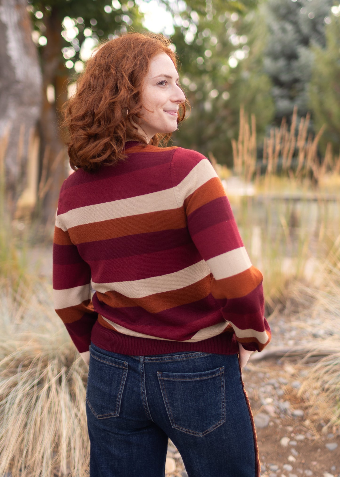 Long Sleeve Crew Sweater in Burgundy Stripe | Liverpool