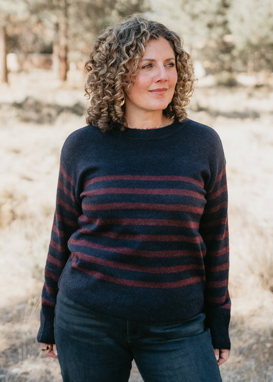 Crew Sweater in Navy & Burgundy Stripe | Liverpool