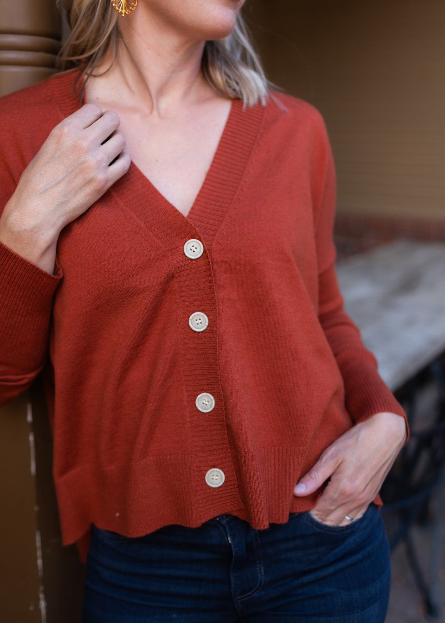 Wagner V-Neck Cardigan in Burnt Sienna | Kerisma