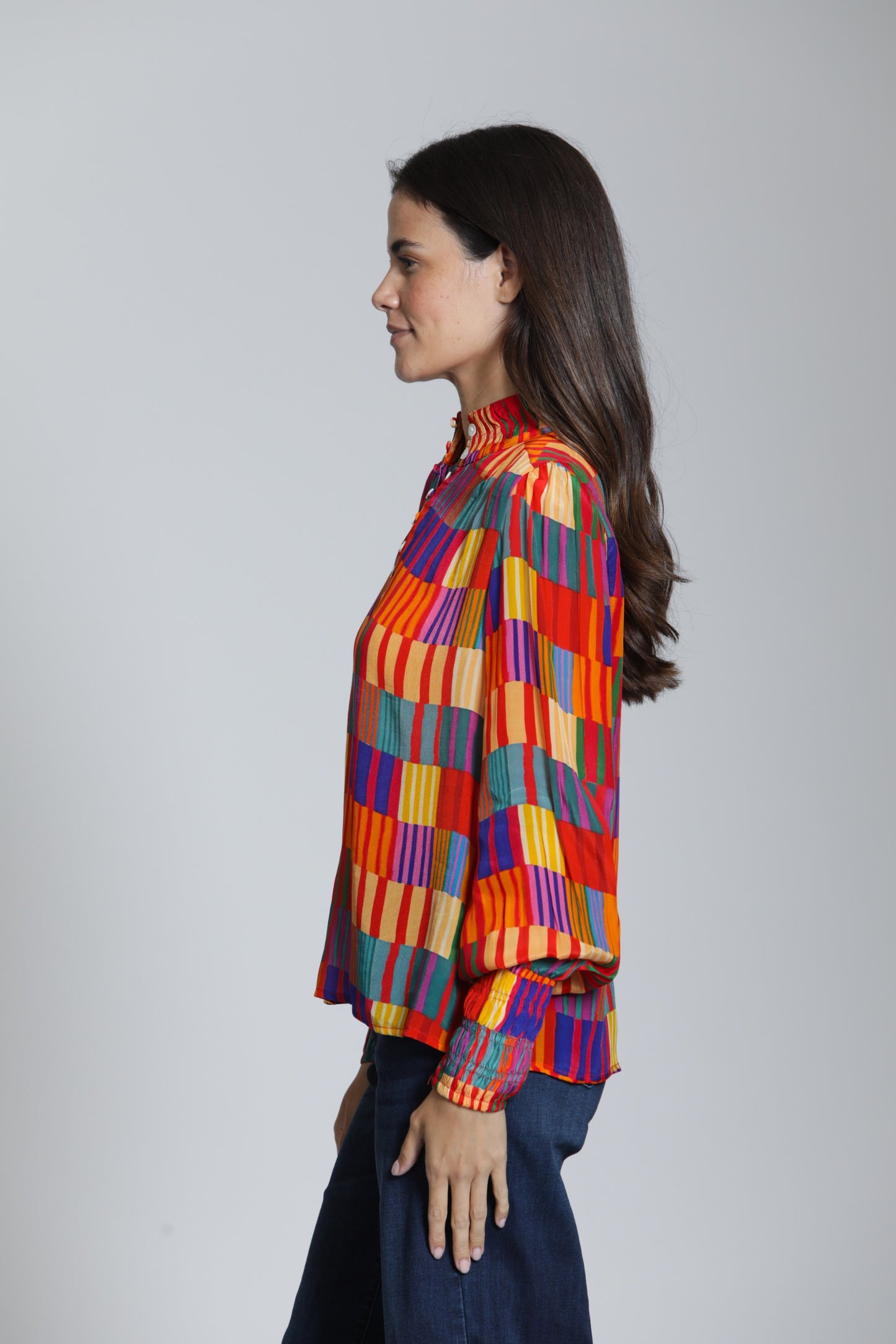 High Collar Blouse in Multicolor Geo Print | APNY