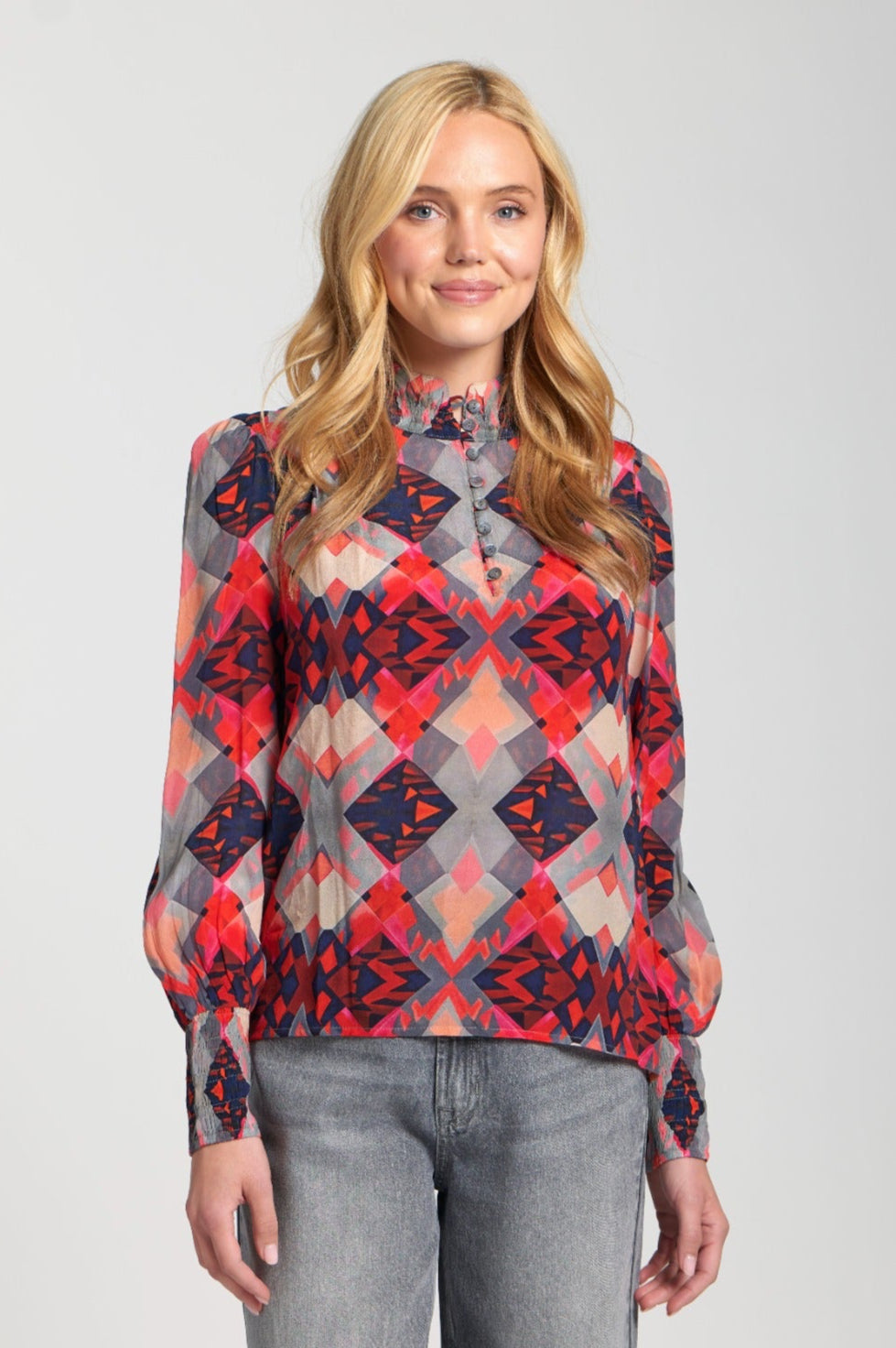 High Collar Blouse in Red Geo Print | APNY