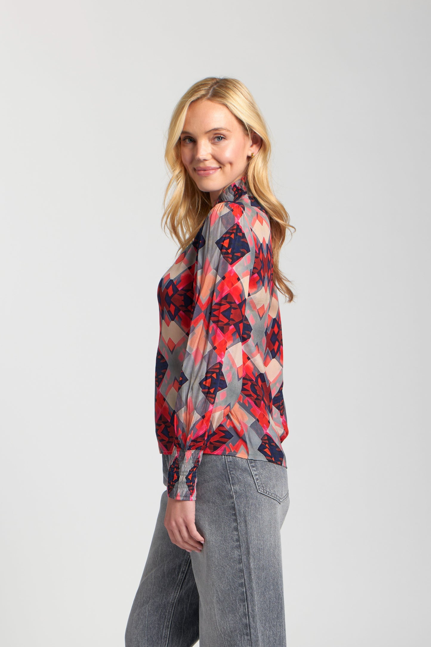 High Collar Blouse in Red Geo Print | APNY