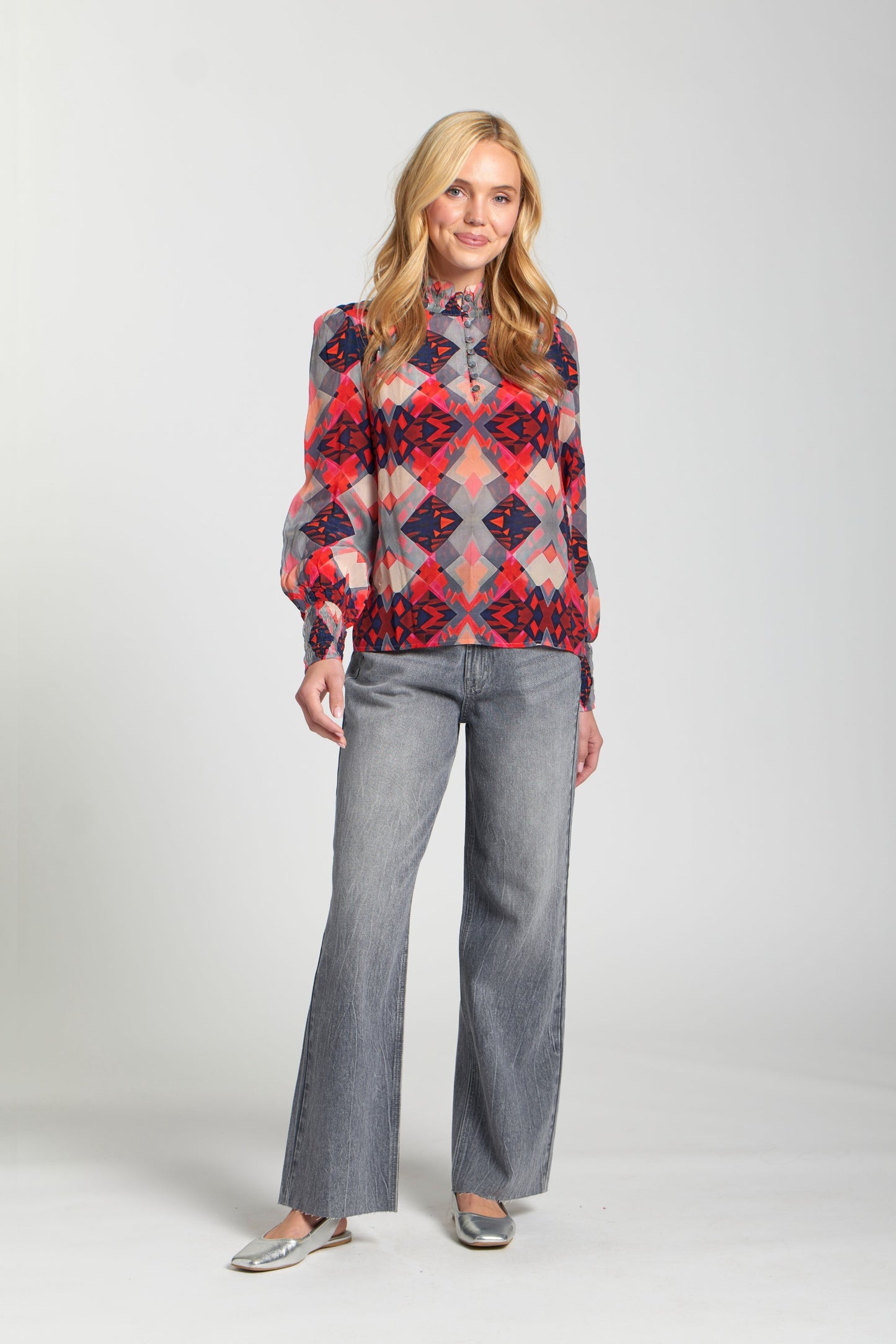 High Collar Blouse in Red Geo Print | APNY