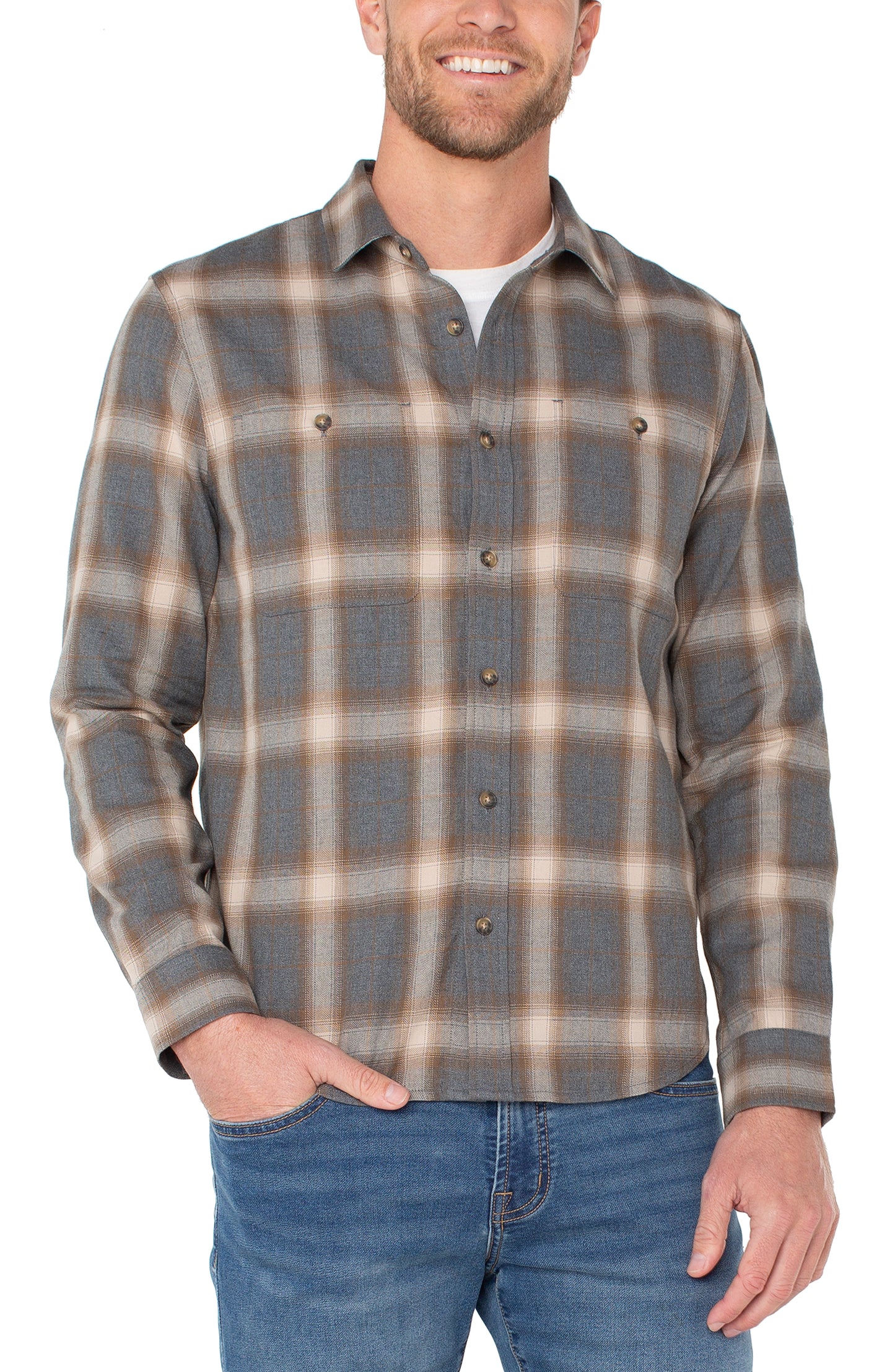 Long Sleeve Button Up Shirt in Grey Multi | Liverpool