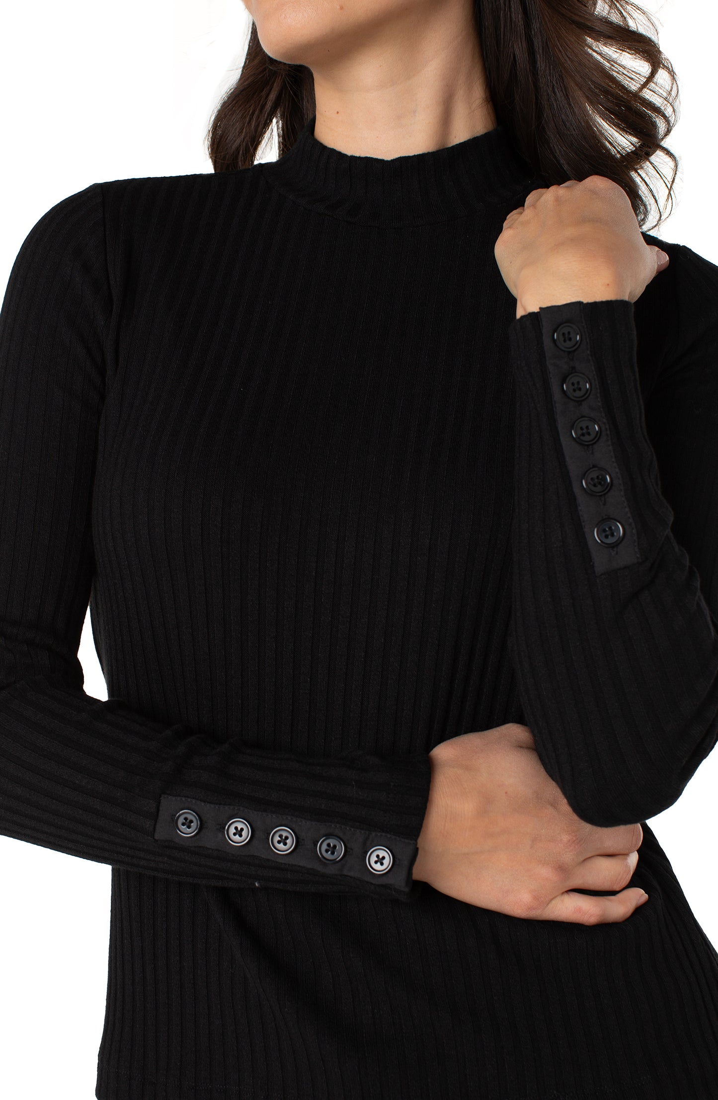 Long Sleeve Mock Rib Top in Black | Liverpool