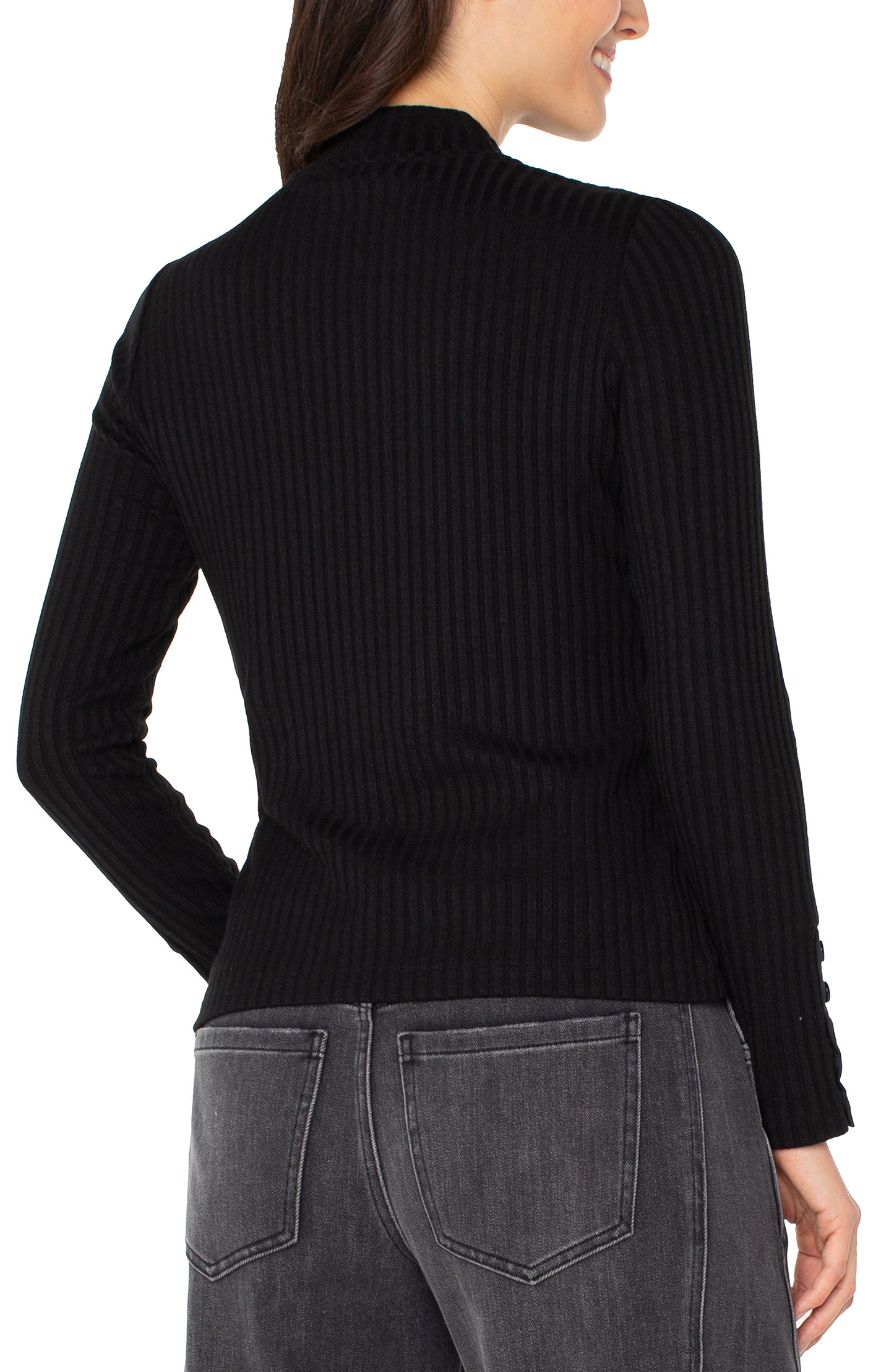 Long Sleeve Mock Rib Top in Black | Liverpool