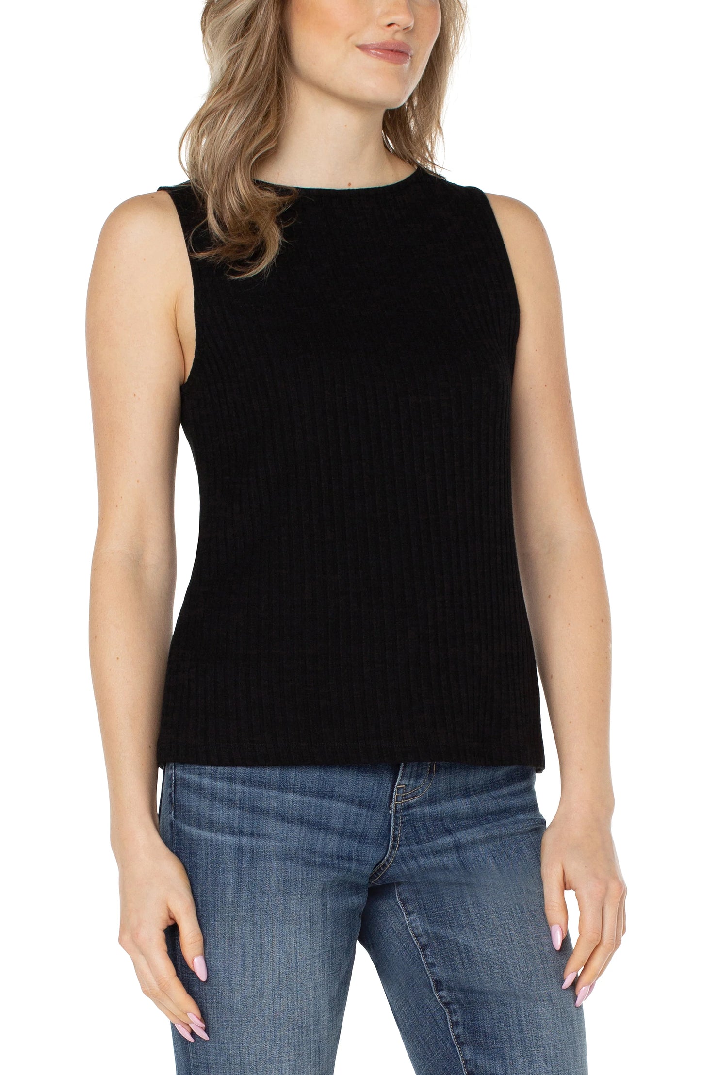 Sleeveless Boat Neck Rib Knit Top in Black | Liverpool