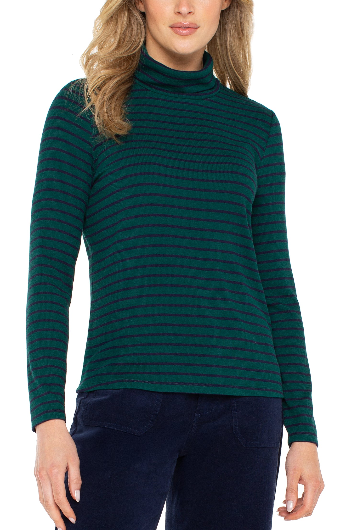 Long Sleeve Stripe Turtleneck in Emerald | Liverpool