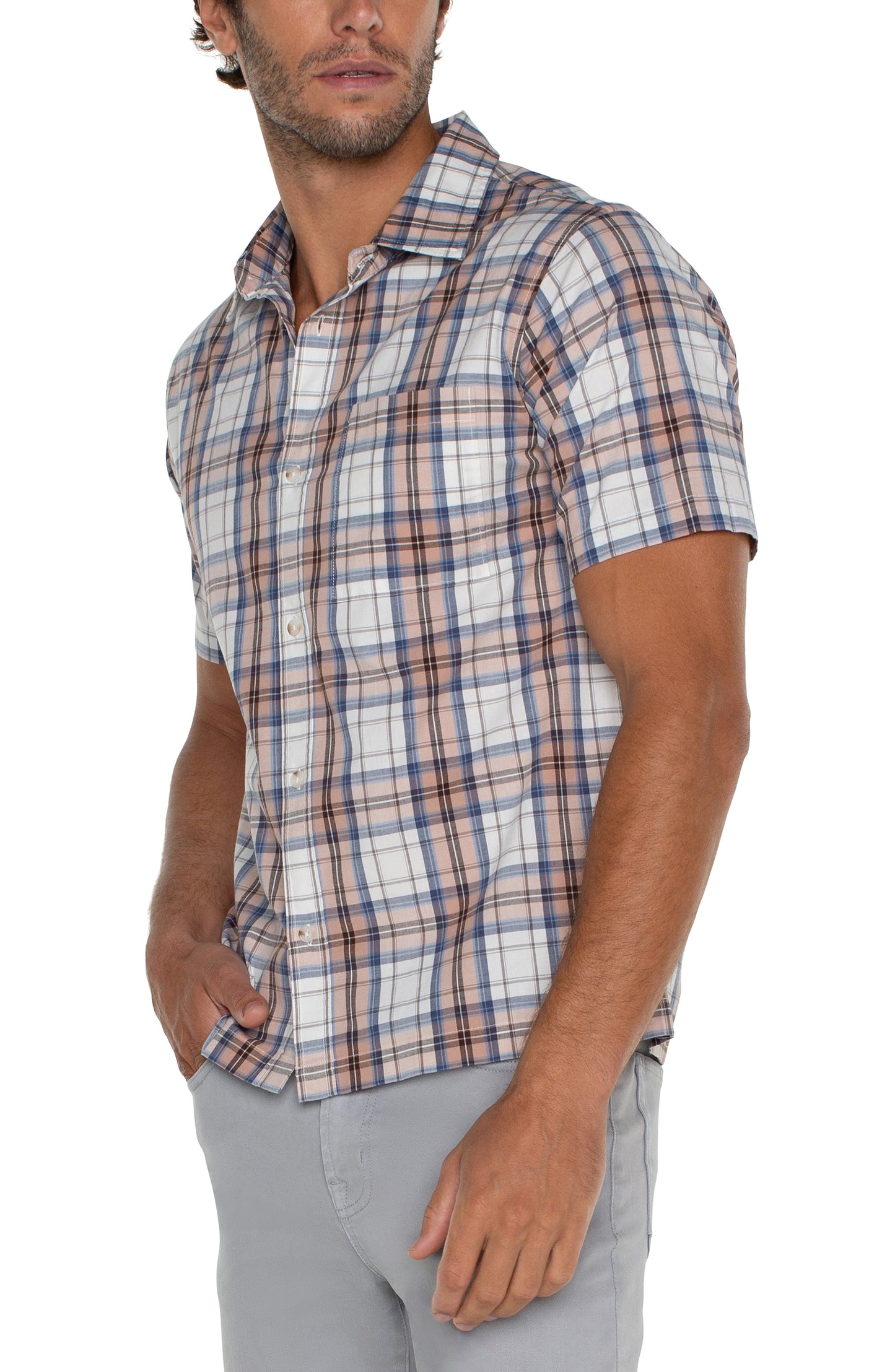 Short Sleeve Button Up - White Peach Plaid | Liverpool