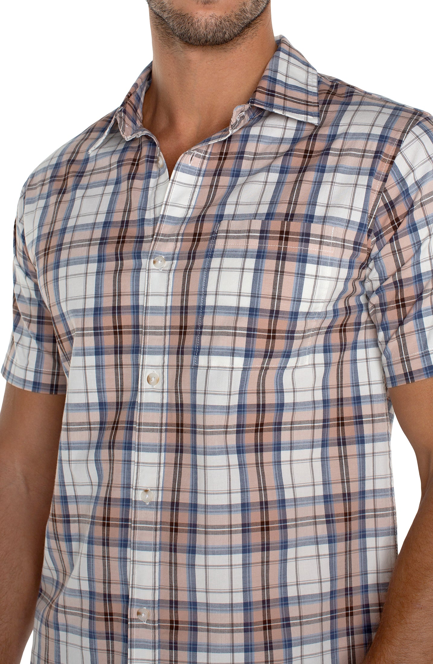 Short Sleeve Button Up - White Peach Plaid | Liverpool