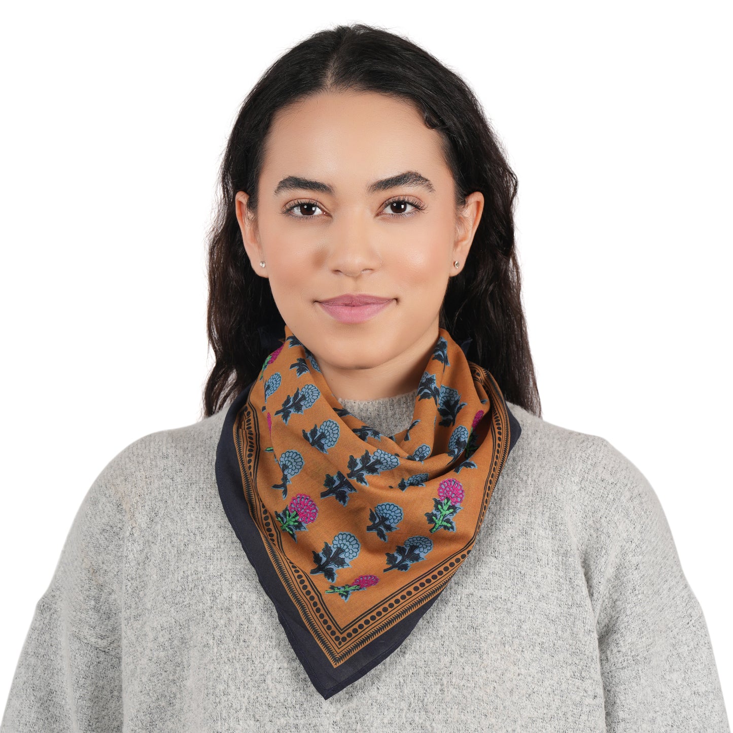 Dark Mustard Floral Cotton Square Scarf