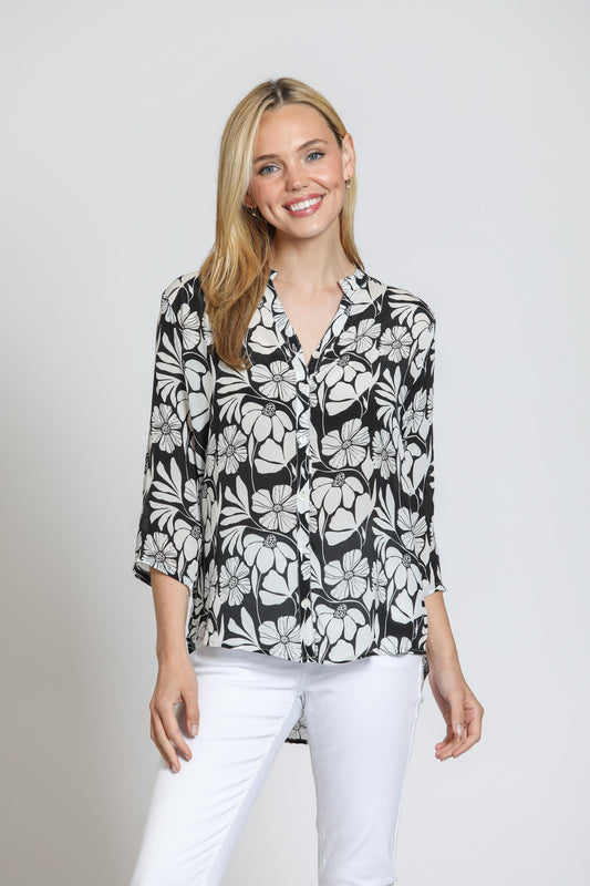 Black & White Floral Mandarin Collar Blouse | APNY