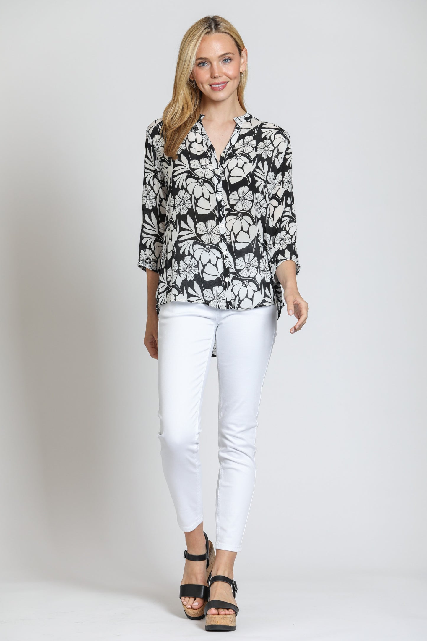 Black & White Floral Mandarin Collar Blouse | APNY