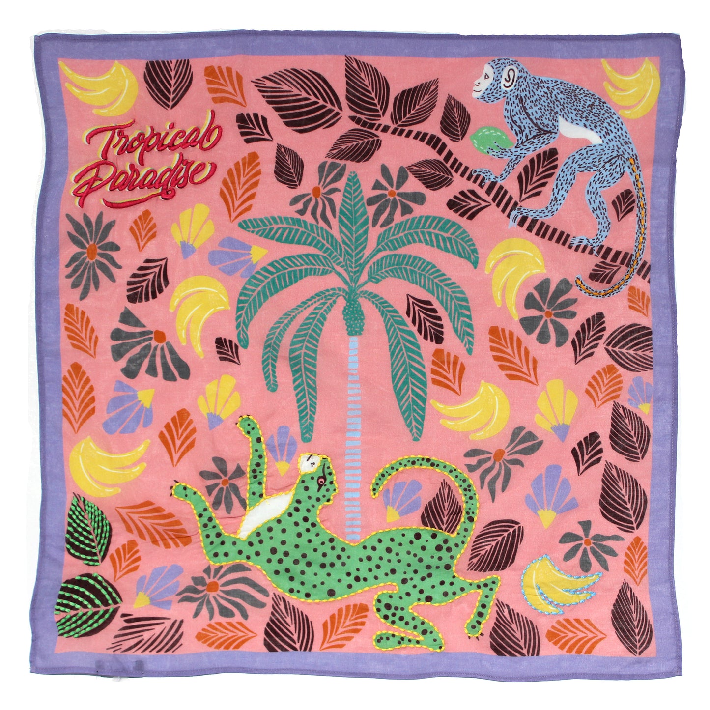 Tropical Paradise Printed Square Scarf with Embroidery