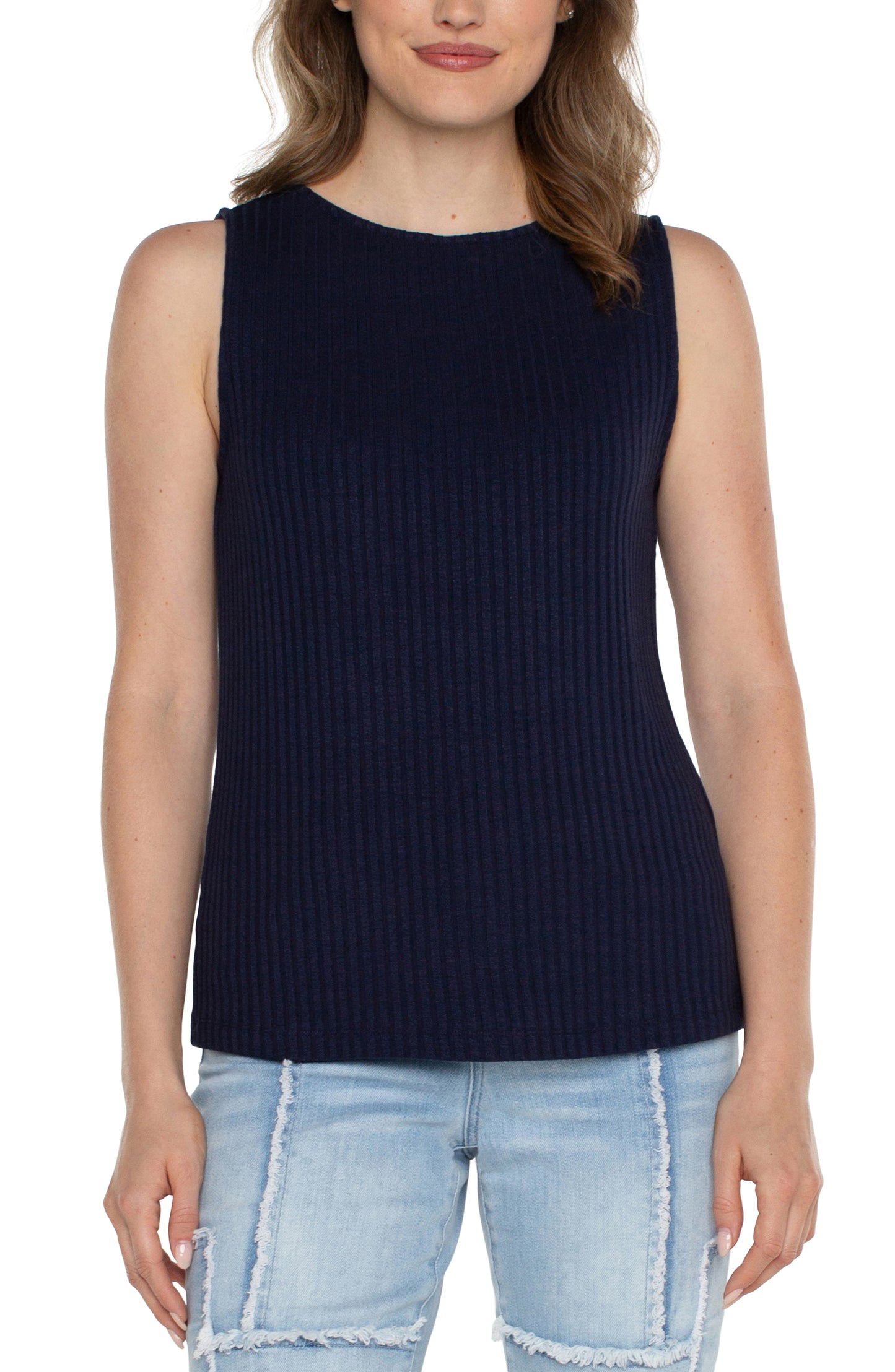 Sleeveless Boatneck Rib Knit Tank in Navy | Liverpool