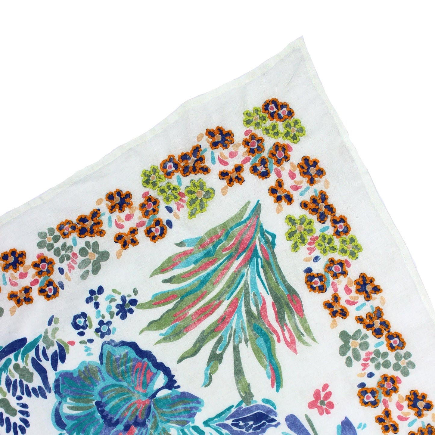 White Floral Cotton Square Scarf