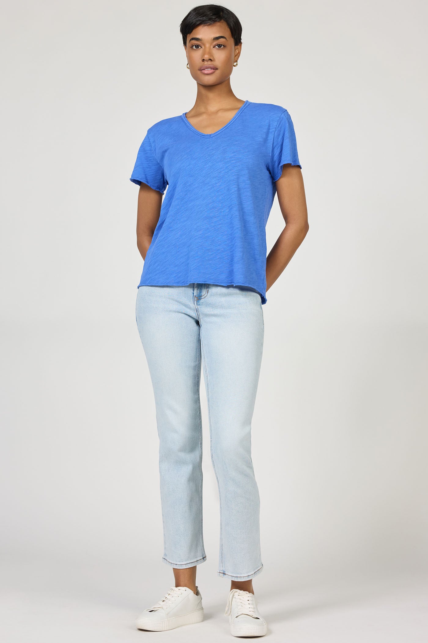 Vanya Relaxed V-Neck Tee in Dazzling Blue | Dear John