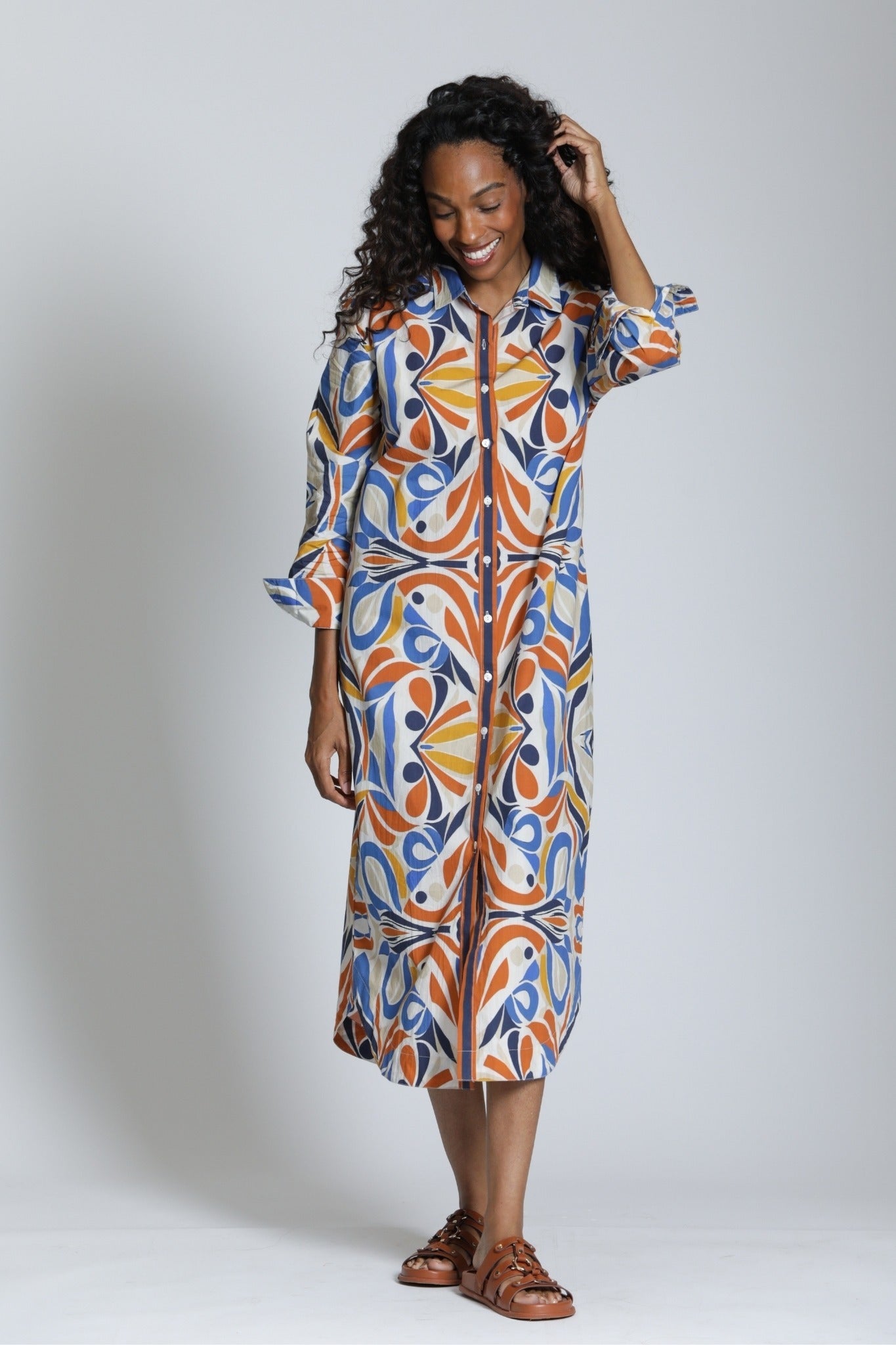 Maxi Cotton Shirt Dress in Blue & Beige | APNY