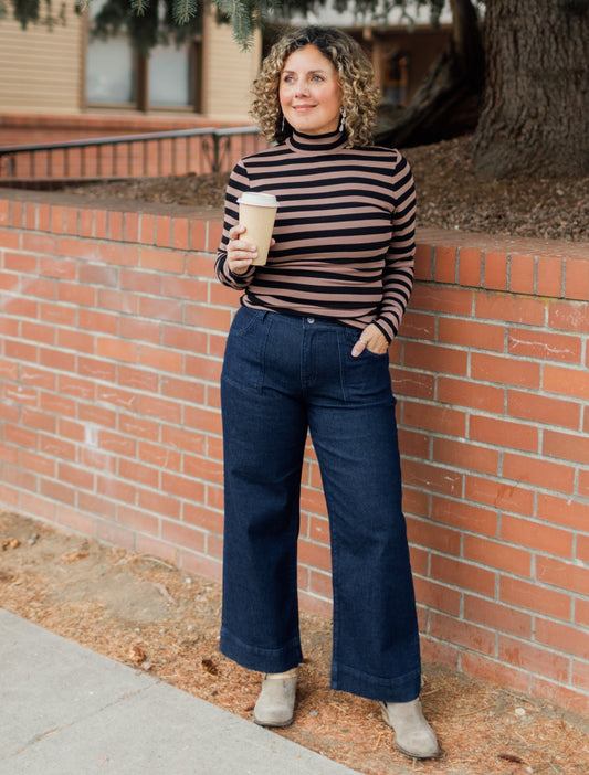 Long Sleeve Mock Neck in Mocha Stripe | Sanctuary