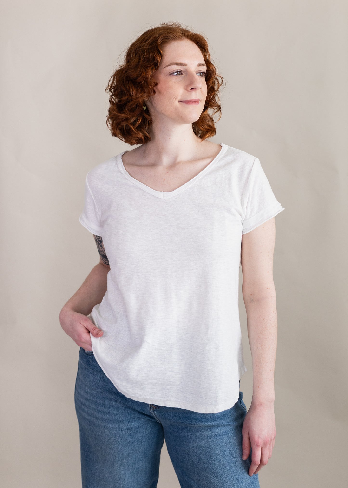 Raw Edge V-Neck Tee in White | Cut•Loose