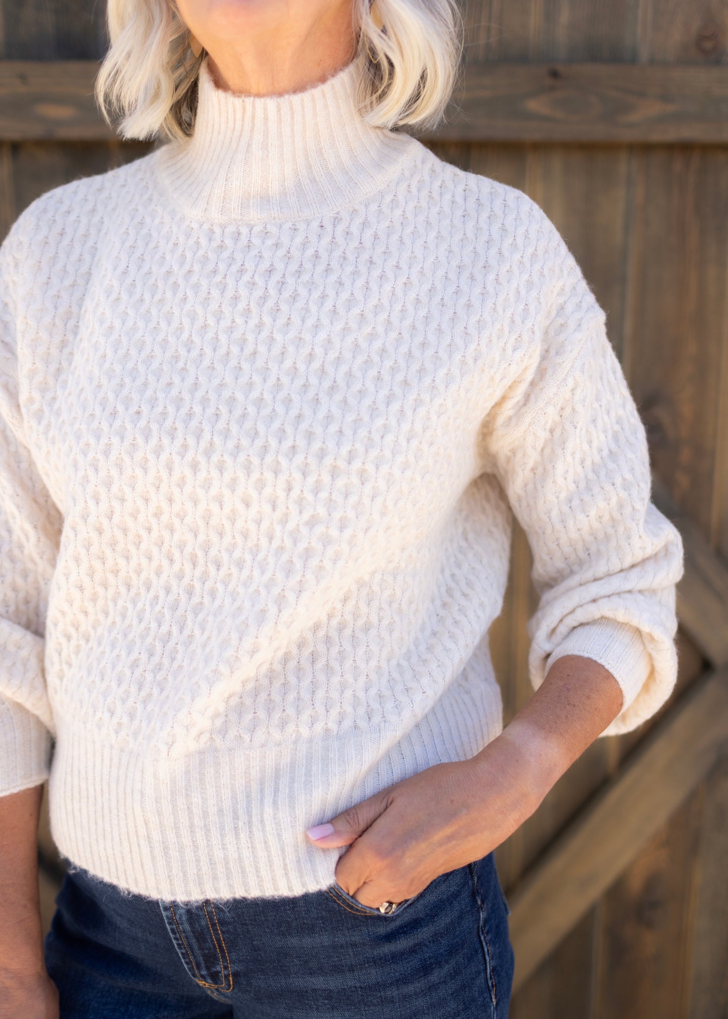 Mock Neck Knit Sweater in Beige