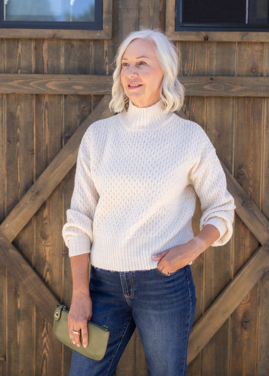 Mock Neck Knit Sweater in Beige