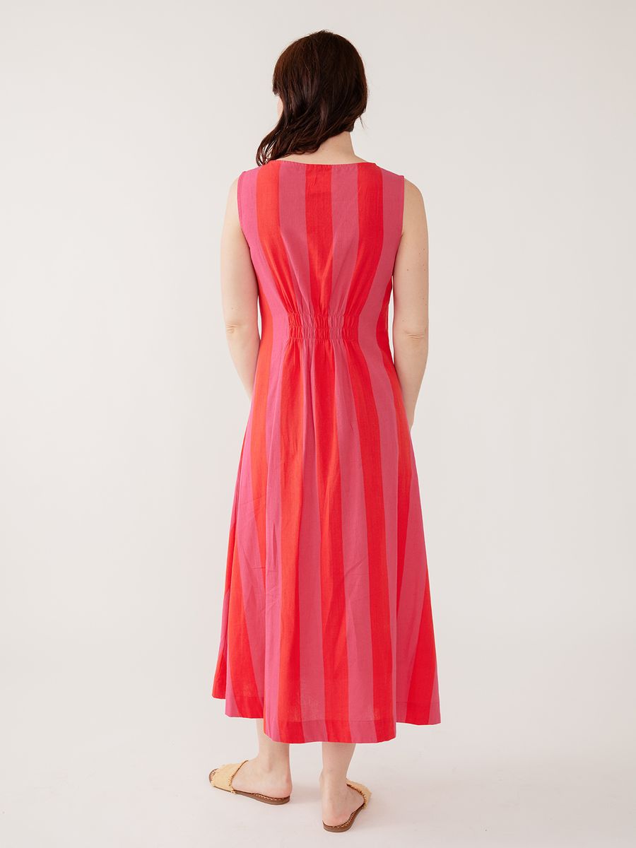 Sleeveless Midi Dress in Red & Pink Stripe | Mata Traders